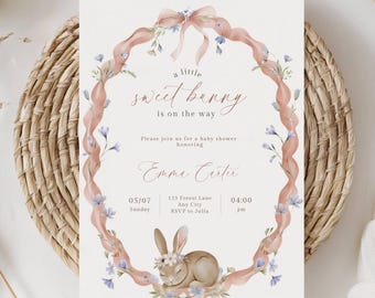 Some bunny is on the way baby shower invitation, Coquette Floral bunny invite, Editable Canva Template