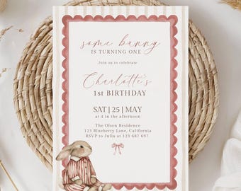 Some bunny is one First Birthday Invitation, Bunny 1st Birthday Invite, Editable Canva Template