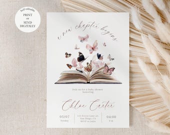A new chapter begins baby shower invitation template, Editable butterfly baby shower invite, Digital Download