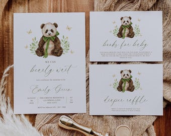 We Can Bearly Wait Baby Shower Invitation Bundle, Gender Neutral Panda Bear Invite, Editable Template