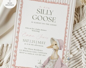 Pink Silly Goose Baby Shower Invitation Template, Mother Goose Baby Shower Invite, Baby Girl Shower