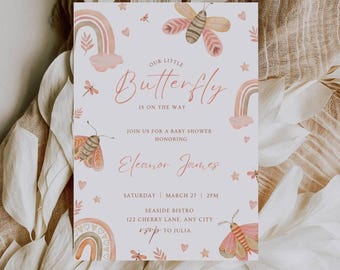 Boho Butterfly Baby Shower Invitation, Editable Pink Butterfly Baby Shower Invitation Template, Digital Download