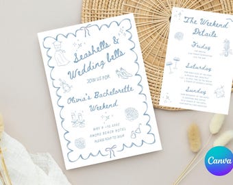 Invitación para despedida de soltera en la playa: Conchas y campanas de boda (Plantilla editable de Canva, descarga digital)