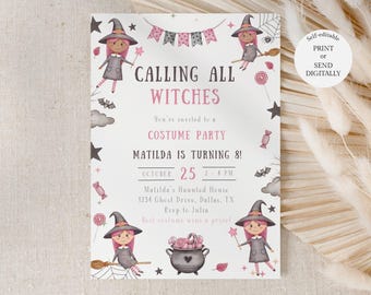 Halloween Witch Birthday Invitation, Calling all witches, Editable pastel Halloween girls costume party invite