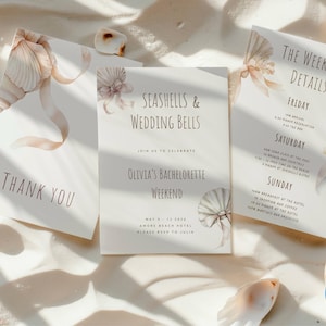 Seashells and Wedding Bells Bachelorette Invitation & Itinerary Template Girls trip itinerary Printable Seashells and Wedding Bells invite