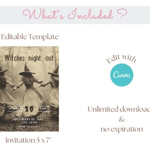May include: A Halloween-themed invitation template with the text "Witches night out" and the date October 30. The invitation features three figures in witch costumes holding hands. The invitation is 5 x 7 inches and editable with Canva.
