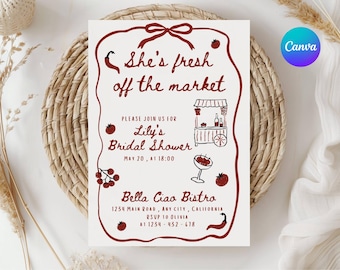 Vers van de markt vrijgezellenfeest uitnodiging sjabloon bewerkbare handgetekende boerenmarkt bruiloft uitnodiging She's Off The Market