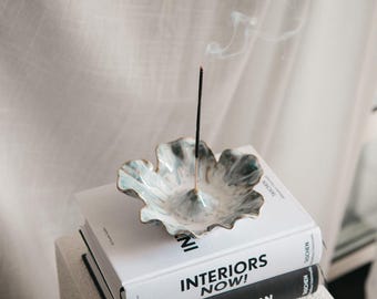 Handmade Ceramic Flower Incense Burner: Blue Stoneware Pottery, Boho Decor