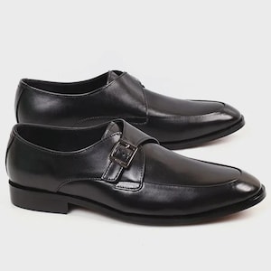 Handmade Black Leather Monk Strap Shoes: Formal Buckle Dress Shoes