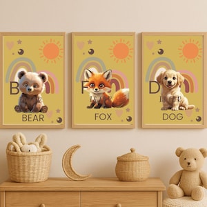 Alphabet animal bohème, imprimés pour chambre de bébé, cartes ABC, lot de trois - Ensemble d'art mural de A à Z - Collection d'imprimés bébé animal - Imprimé