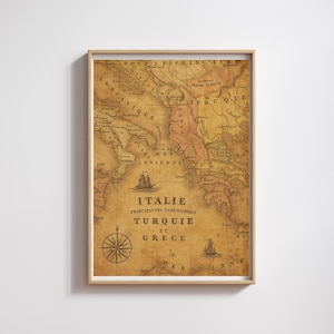 Vintage Karte von Italien, Türkei & Griechenland - Antique Style Print , Vintage Reiseposter (A4, 200gsm Gloss Paper)