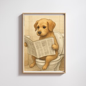 Funny Dog Bathroom Poster – Taking Care of Business | A4 Portrait Print | Cartoon Style Wall Art | Cute Animal Humor for Restroom Decor