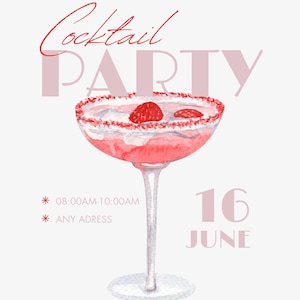 Cocktail Party Invitation Template | Editable Canva Invite | Watercolor Raspberry Drink | Rooftop Bar Digital Download