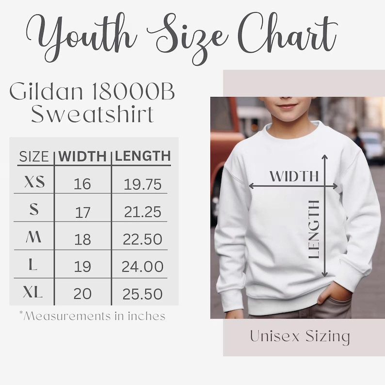 May include: White youth sweatshirt with a size chart. The chart shows measurements in inches for sizes XS to XL. The sweatshirt is a Gildan 18000B. The text "Youth Size Chart" and "Unisex Sizing" are also visible.