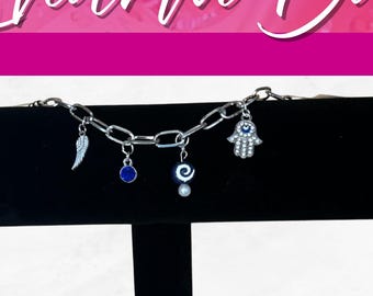 Custom Charm Bracelet with Angel Wing  Evil Eye – Unique Lucky Jewelry with Navy & White Terracotta Beads – Ideal Gift