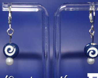 Custom Bead Dangle Earrings Navy White Terracotta bead and faux pear jewelry, Perfect gift for women, handmade sports accessory