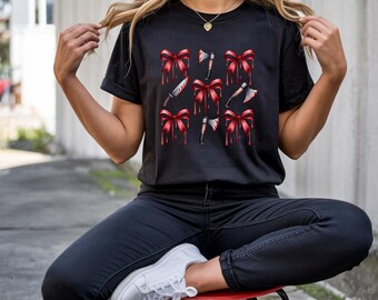 Coquette Horror Coquette Design Bows and Bloody axe Cotton Halloween Bella And Canvas Tee customizable color