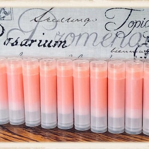 May include: A collection of lip balms in clear tubes with a gradient pink color. The lip balms are arranged in a row on a wooden surface. The background features a fabric with the words "Seedlings Rosarium Topiary" in a vintage font.