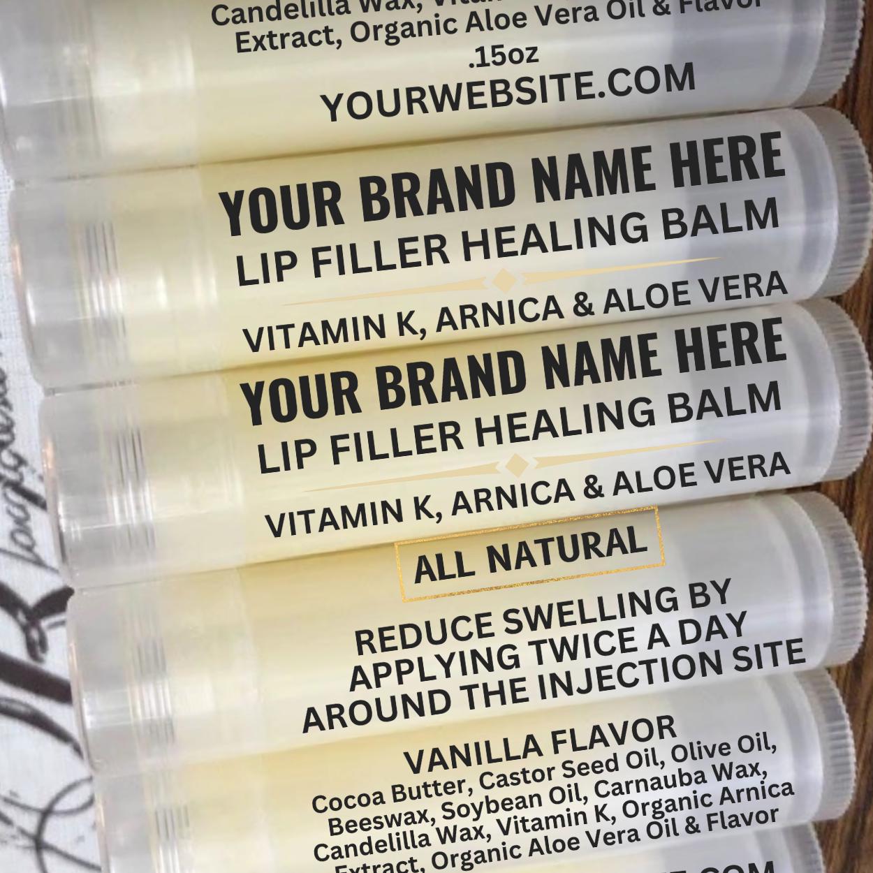 10 Lip Filler Healing Arnica Balms with YOUR BRAND NAME & Website for Aestheticians- Heal, Reduce Swelling and Decrease Pain Post Treatment