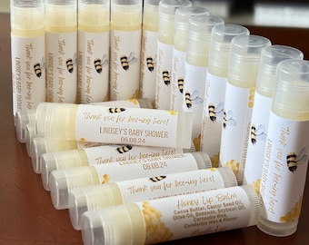 BEE Themed Personalized All Natural Flavored and Sweetened Lip Balms for a Baby Shower, Bridal Shower, Birthday or Wedding - Clear Tubes