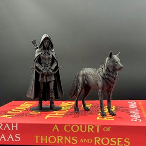 Peut inclure: Deux figurines grises : un archer encapuchonné avec un arc et une flèche, et un loup. Elles sont posées sur un livre rouge intitulé "A Court of Thorns and Roses". Les figurines sont détaillées.