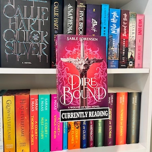 May include: A book titled Dire Bound by Sable Sorensen featuring a silver wolf-headed sword on a red and purple cover, positioned in front of a bookshelf. A black rectangular sign with white text reads CURRENTLY READING below the book cover.