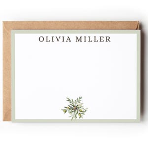 Gepersonaliseerde notitiekaarten met naam, gepersonaliseerde bedankkaart, gepersonaliseerde cadeaus, briefpapierset op maat, mediterraan olijfmotief