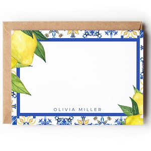 Gepersonaliseerde notitiekaarten met naam, gepersonaliseerde bedankkaart, gepersonaliseerde cadeaus, briefpapierset op maat, mediterraan citroenmotief