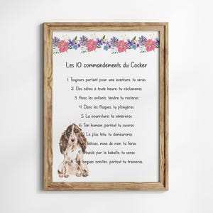Peut inclure: Tableau encadré en bois avec une illustration de Cocker Spaniel et le texte "Les 10 commandements du Cocker". Le cadre est orné d'une bordure florale rose, violette et bleue, idéal pour la décoration intérieure.