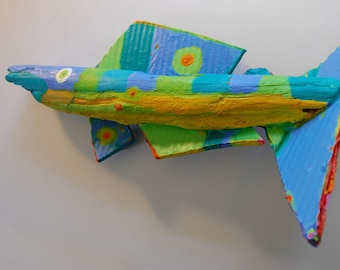 Fish Art created from driftwood that is painted in bright colors ready to hang for colorful wall decor