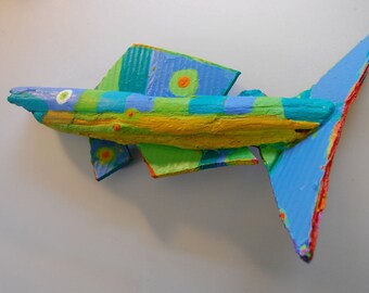 Fish Art created from driftwood that is painted in bright colors ready to hang for colorful wall decor