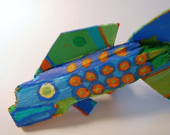 Whimsical Mixed Media Ready to Hang Fish Art - Ready to Hang in Lake House, Bath, Kichen, Kids Room - Colorful Painted Wood