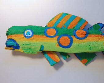 Whimsical Funky Fish Art - Colorful Painted Recycled Wood 12 Inch long Ready to Hang Door and Wall Decor