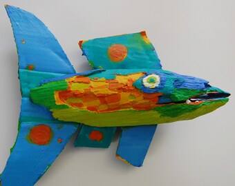 Original 3-D Fish Art Created out of drift wood, Recycled Materials and Painted with bright color ready to Hang in any Room for Fun Decor