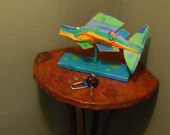 Whimsical colorful painted wood sculpture fish art ready to make any shelf, table or counter top more fun