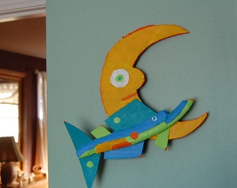 whimsical colorful fish jumping over the moon perfect for wall decor in nursery