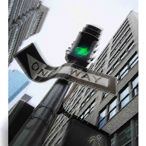 Photographic Fine Art New York City One Way Street Sign and Green Light - Urban Landscape Painting with Photography - Affordable Wall Decor