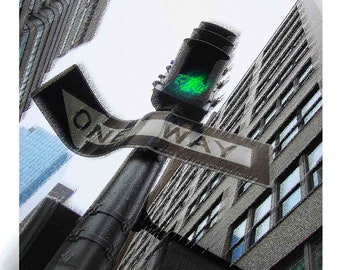 Photographic Fine Art New York City One Way Street Sign and Green Light - Urban Landscape Painting with Photography - Affordable Wall Decor