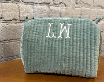 Luxury Velvet Quilted Cosmetic bag - lined with block print fabric - gift for her
