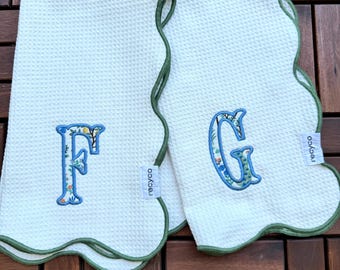 Personalized Waffle Kitchen Towel with Scalloped Edge, Rifle Paper Co Appliqué Monogram Towel, Custom Initial Tea Towel, Preppy Kitchen Deco