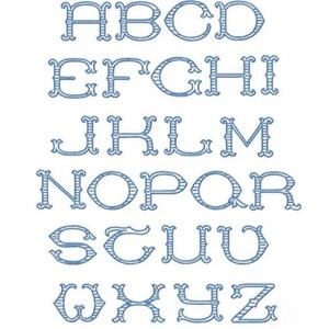 May include: A complete set of uppercase English alphabet letters from A to Z, rendered in a blue embroidered style. Each letter features a distinct decorative serif font with a horizontal striped pattern inside the character outlines.