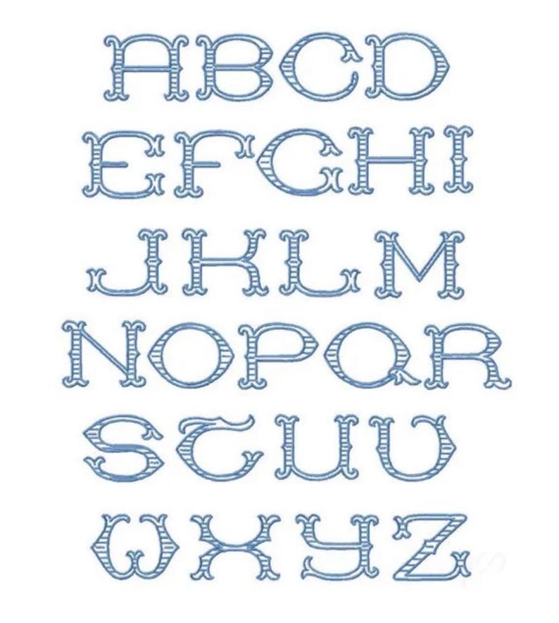 May include: A complete set of uppercase English alphabet letters from A to Z, rendered in a blue embroidered style. Each letter features a distinct decorative serif font with a horizontal striped pattern inside the character outlines.