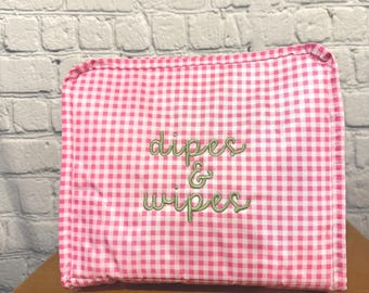 Pink Gingham Wipeable Bag, “Dipes & Wipes” Embroidered Diaper and Wipes Holder, Baby Shower Gift, Diaper Clutch, New Mom Gift