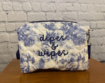 Quilted Blue Chinoiserie Stroller Organizer Bag, “Dipes & Wipes” Embroidered Diaper Holder, Baby Shower Gift, Stroller Caddy, New Mom Gift