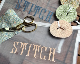 Embroidered Mesh Project Bag “STITCH” | Cross Stitch Project Bag | Sewing Organizer | Needlepoint | Gift for Stitchers | Mother’s Day Gift