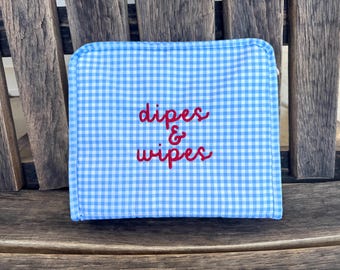 Blue Gingham Wipeable Bag, “Dipes & Wipes” Embroidered Diaper and Wipes Holder, Baby Shower Gift, Diaper Clutch, New Mom Gift