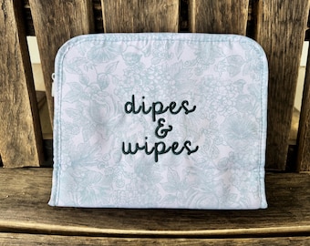 Blue Floral Wipeable Bag, “Dipes & Wipes” Embroidered Diaper and Wipes Holder, Baby Shower Gift, Diaper Clutch, New Mom Gift