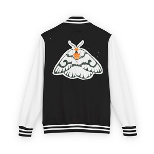 Black and White Spiral Moth Patch Letterman Jacket | Embroidered Moth Chest & Back