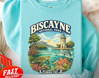 Camiseta de viagem do Parque Nacional de Biscayne, EUA, estampa retrô do parque, camiseta com tema de natureza, camiseta vintage com estampa de urso e vida selvagem, moletom