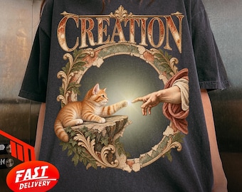Camiseta com meme do gato Michelangelo, camiseta paródia da Criação de Adão, camiseta gráfica engraçada da Renascença, presente artístico da Capela Sistina para amantes de gatos.